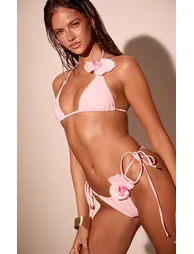 Pink Flower Trim Triangle Bikini Top