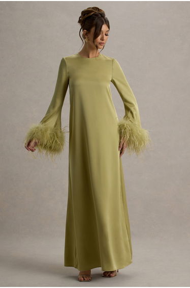 Adella | Light Green Satin Feather-Trim Maxi Dress