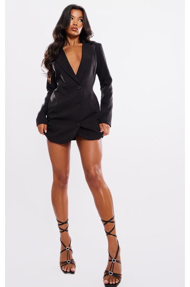 Black Woven Diamante Draped Back Detail Blazer Dress