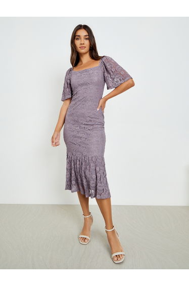 Women Purple Lace Mermaid Hem Midi Dress
