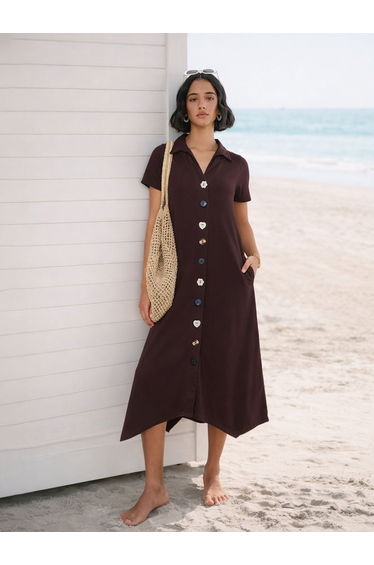 Coffee Brown Textured Button Down Midi Dress