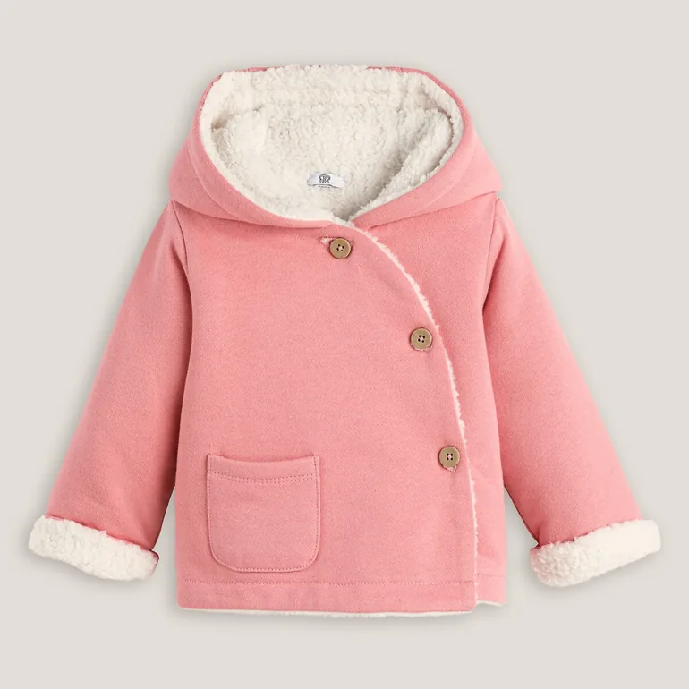 Cotton Hooded Coat in Fleece/Faux Fur