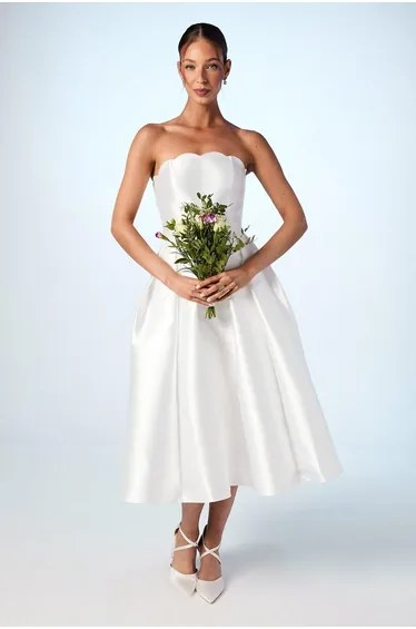 Scalloped Strapless Midi Wedding Dress