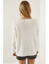 Women's Ecru V-Neck Decollete Loose Knitwear Blouse - 4