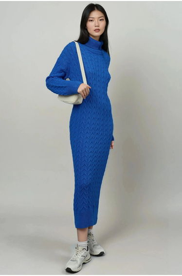 MY FASHION Long Sleeve Turtleneck Hair Braid Knit Dress
