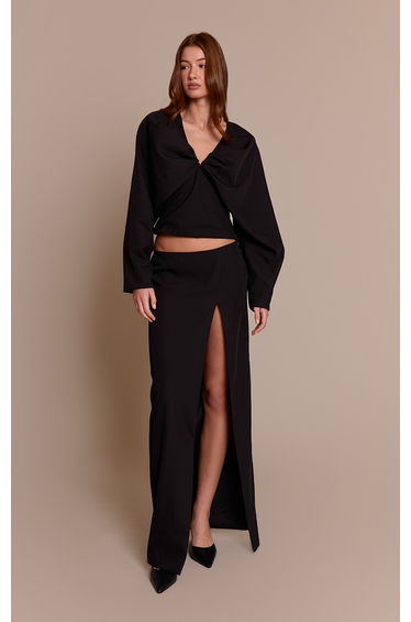 Black Woven Split Leg Maxi Skirt