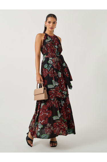 All Over Print Halter Neck A-Line Maxi Dress