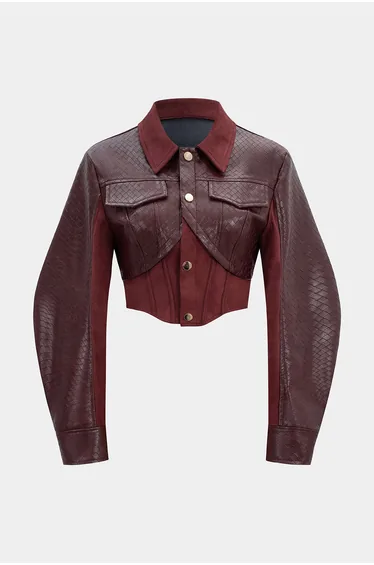 Woven Pattern Faux Leather Patchwork Cropped Jacket