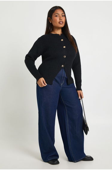 Plus Gold Button Crew Neck Knit Cardigan - black