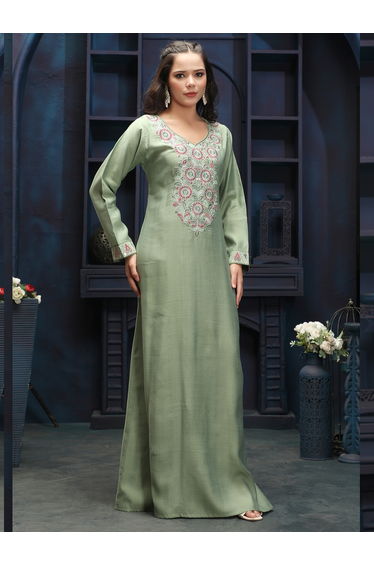 Green Embroidery Handwork V Neck Jalabiya