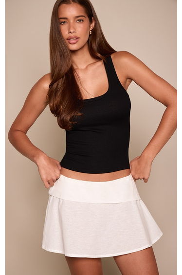 White Linen Look Fold Over Detail Mini Skirt
