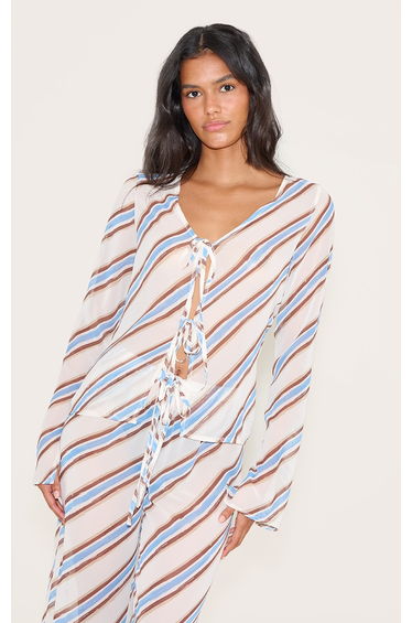 Blue Stripe Tie Detail Floaty Long Top