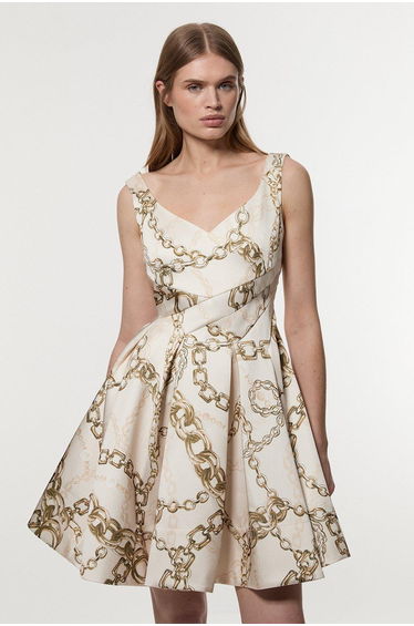Structured Viscose Satin Chain Print Tailored Prom Mini Dress