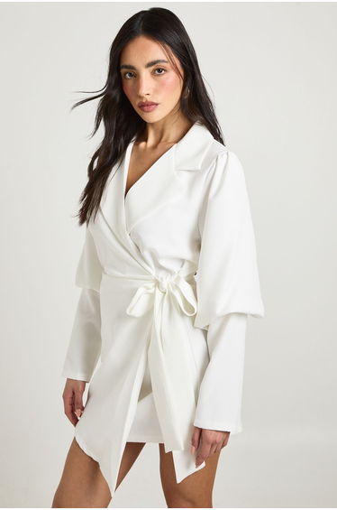 Volume Sleeve Tie Waist Blazer Dress - ivory