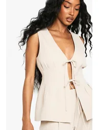 Woven Tie Front Pleated Waistcoat - 3