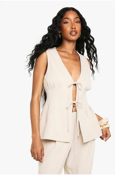 Woven Tie Front Pleated Waistcoat