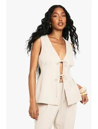 Woven Tie Front Pleated Waistcoat