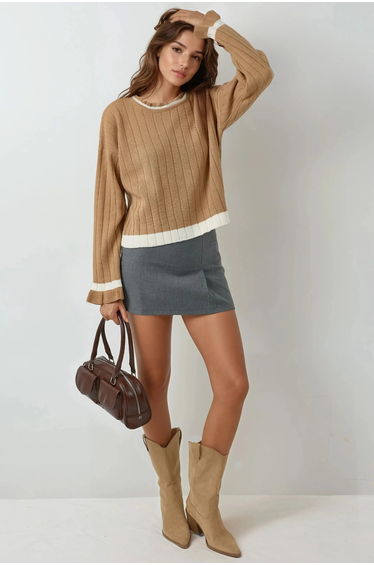 MY FASHION Striped Knit Sweater with Crew Neck