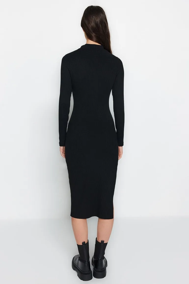 Black Bodycon Midi Dress with Long Sleeves - 3
