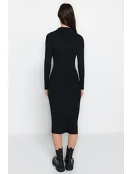 Black Bodycon Midi Dress with Long Sleeves - 3