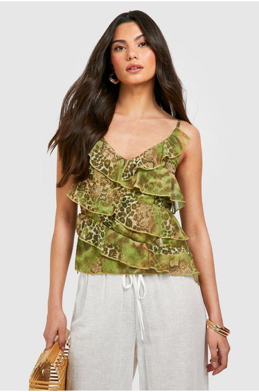 Snake Printed Ruffle Chiffon Cami - green