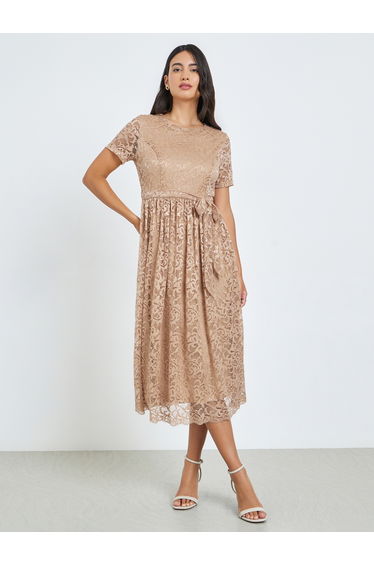 Beige All-Lace A-Line Midi Dress