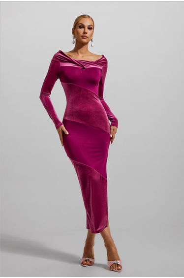 Constance Velvet Off-Shoulder Midi Dress in Fuchsia