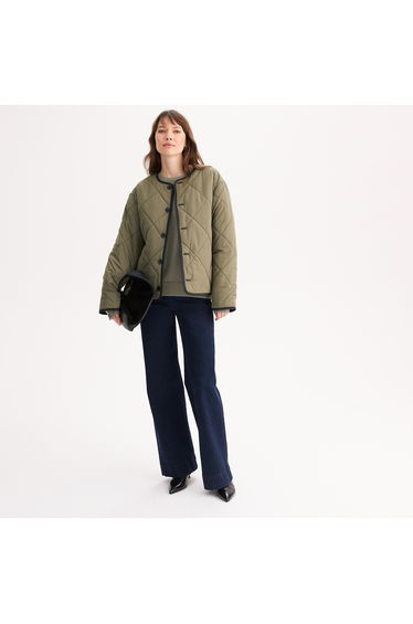 Short Reversible Padded Jacket with Button Fastening