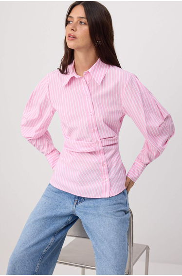 Pink-Multicolor Balloon Sleeve Detailed Asymmetrical Fitted Shirt