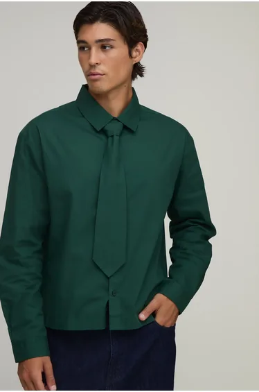 Oversized Boxy Long Sleeve Shirt & Tie - forest