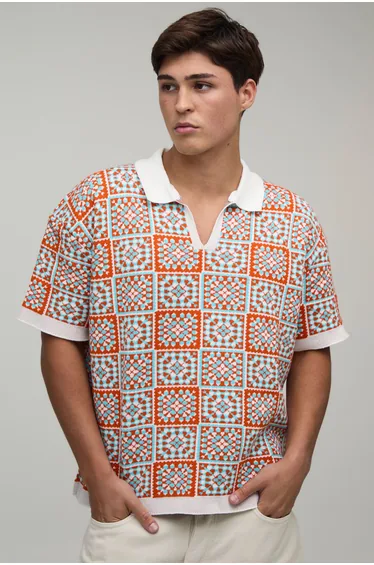 Oversized Boxy Crochet Square Knitted Polo - orange