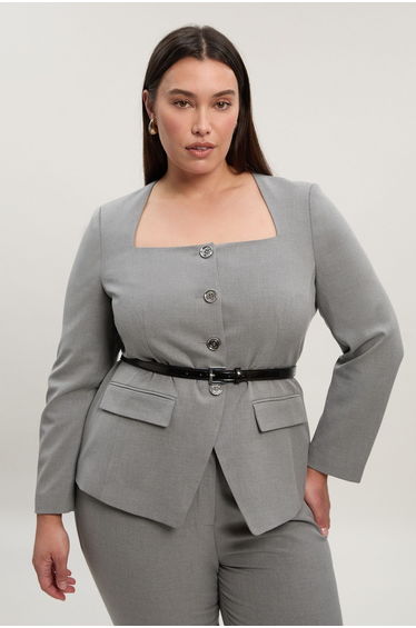 Plus Size Tailored Marl Belted Square Neck Blazer