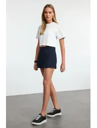 Navy Blue Premium Quality Pleated Woven Shorts Skirt - 2