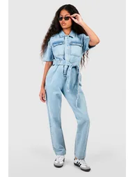 Petite Denim Short Sleeve Belted Boilersuit - mid blue - 2