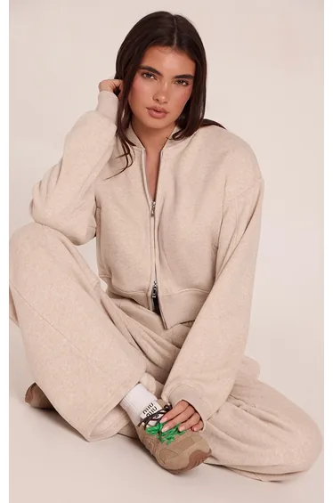 Oatmeal Marl Cotton Fleece Double Zip Bomber Jacket