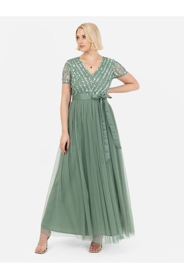 Dark Sage Green Stripe Embellished Maxi Dress With Sash Belt