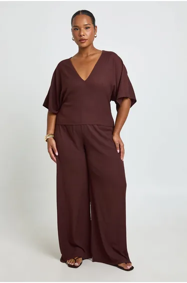 Plus Textured V Neck Cinched Waist Top & Wide Leg Trouser Co Ord - chocolate