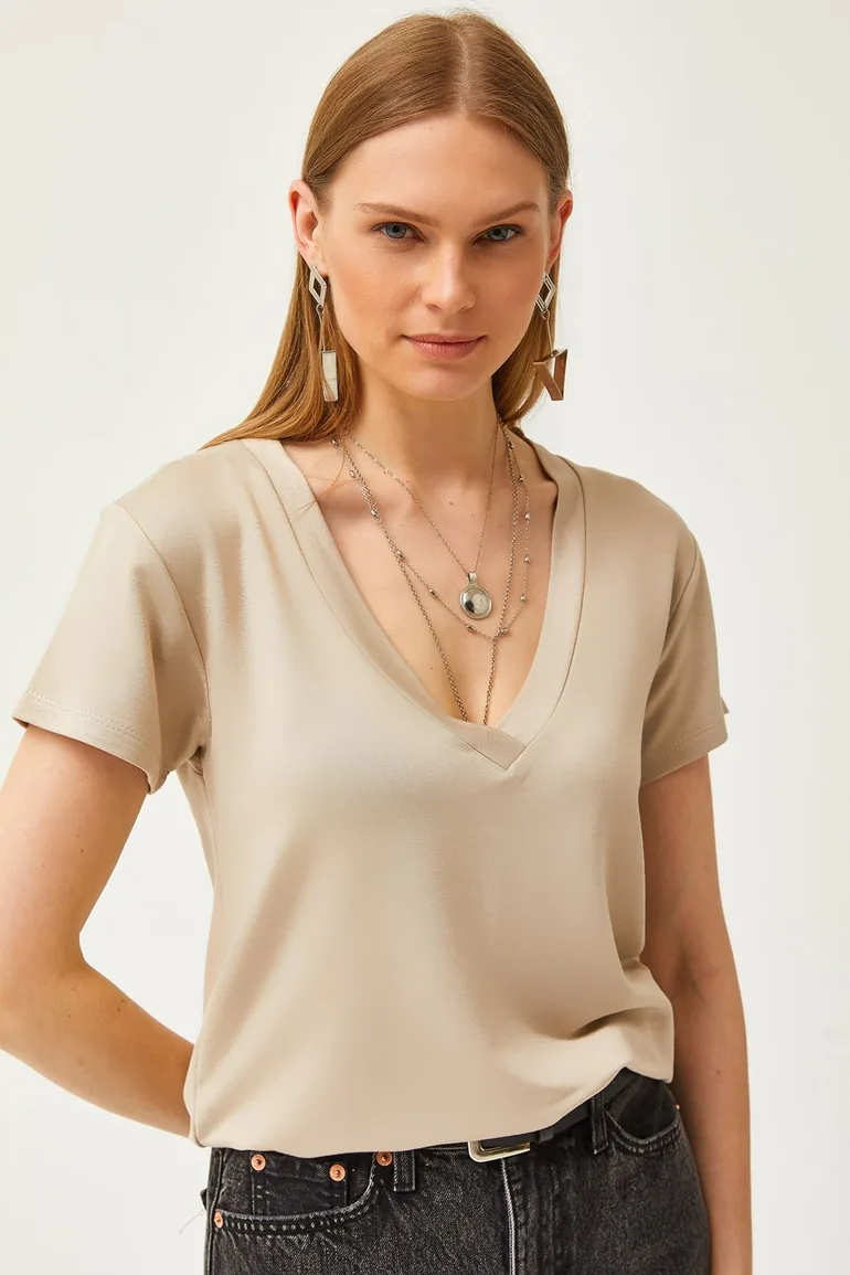 Women's Beige Deep V-Neck Modal Button T-Shirt