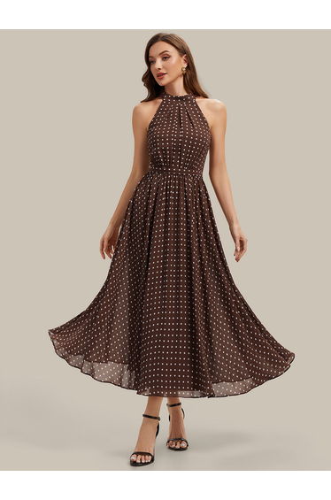 Polka Dots Pleated Chiffon Sleeveless Wedding Guest Dress