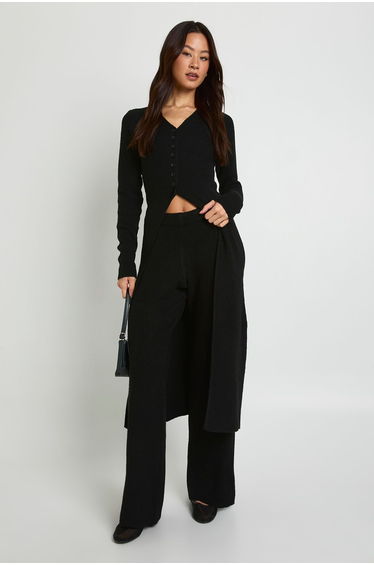 Tall Longline Button Cardigan and Wide Leg Trouser Co-Ord - black