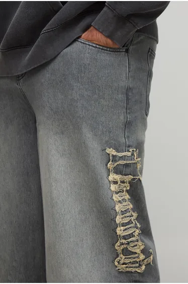 Plus Raw Applique Baggy Fit Washed Jeans - mid grey
