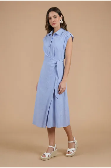Stripe Wrap Front Roll Sleeve Shirt Dress