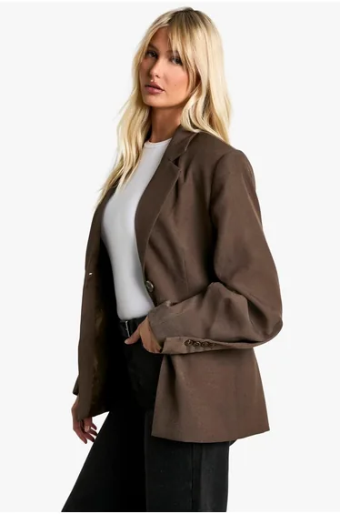 بليزر بتصميم واسع بأكمام منفوخة بصف أزرار - بني 