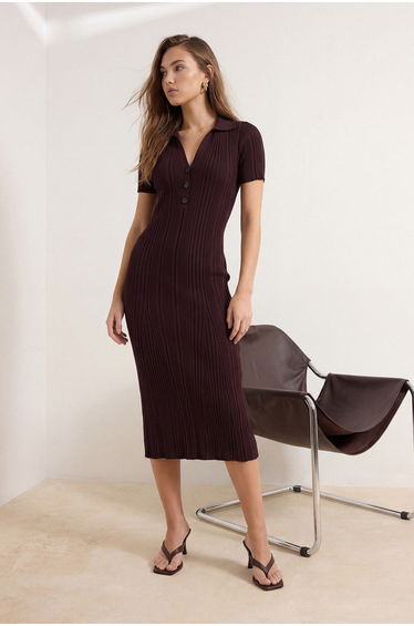 Plum Maxi Knitwear Polo Neck Dress