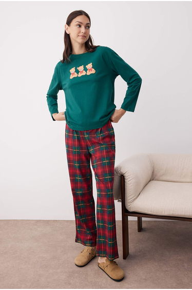 Green 100% Cotton Teddy Bear Plaid Knitted Pajama Set