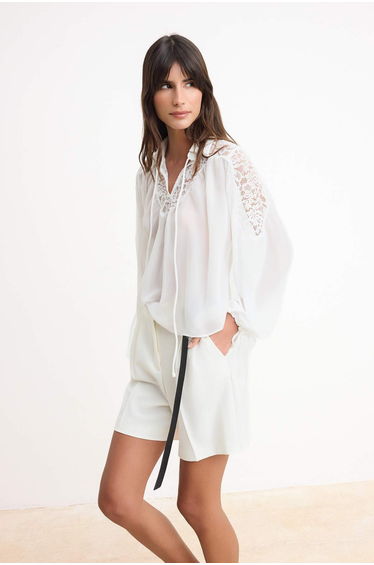 White Guipure Detailed Chiffon Transparent Woven Blouse