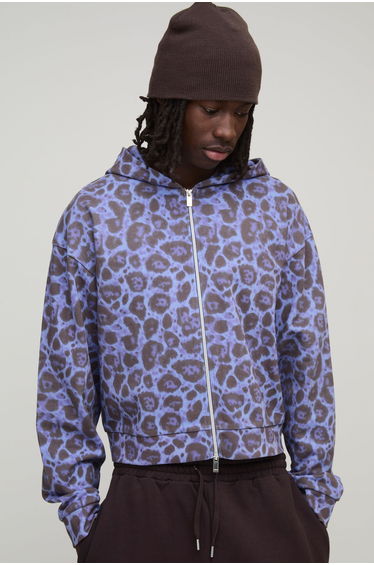 Shrunken Fit Leopard Print Zip Through Hoodie - blue