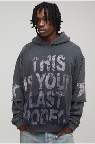 Tall Oversized Boxy Your Last Rodeo Printed Washed Hoodie - washed black