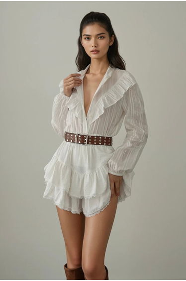 White Glitter Ruffle Detailed Woven Shirt