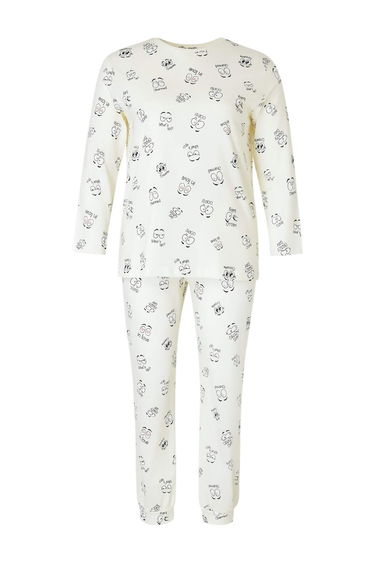 Ecru Eye Patterned T-Shirt-Jogger Knitted Pajamas Set